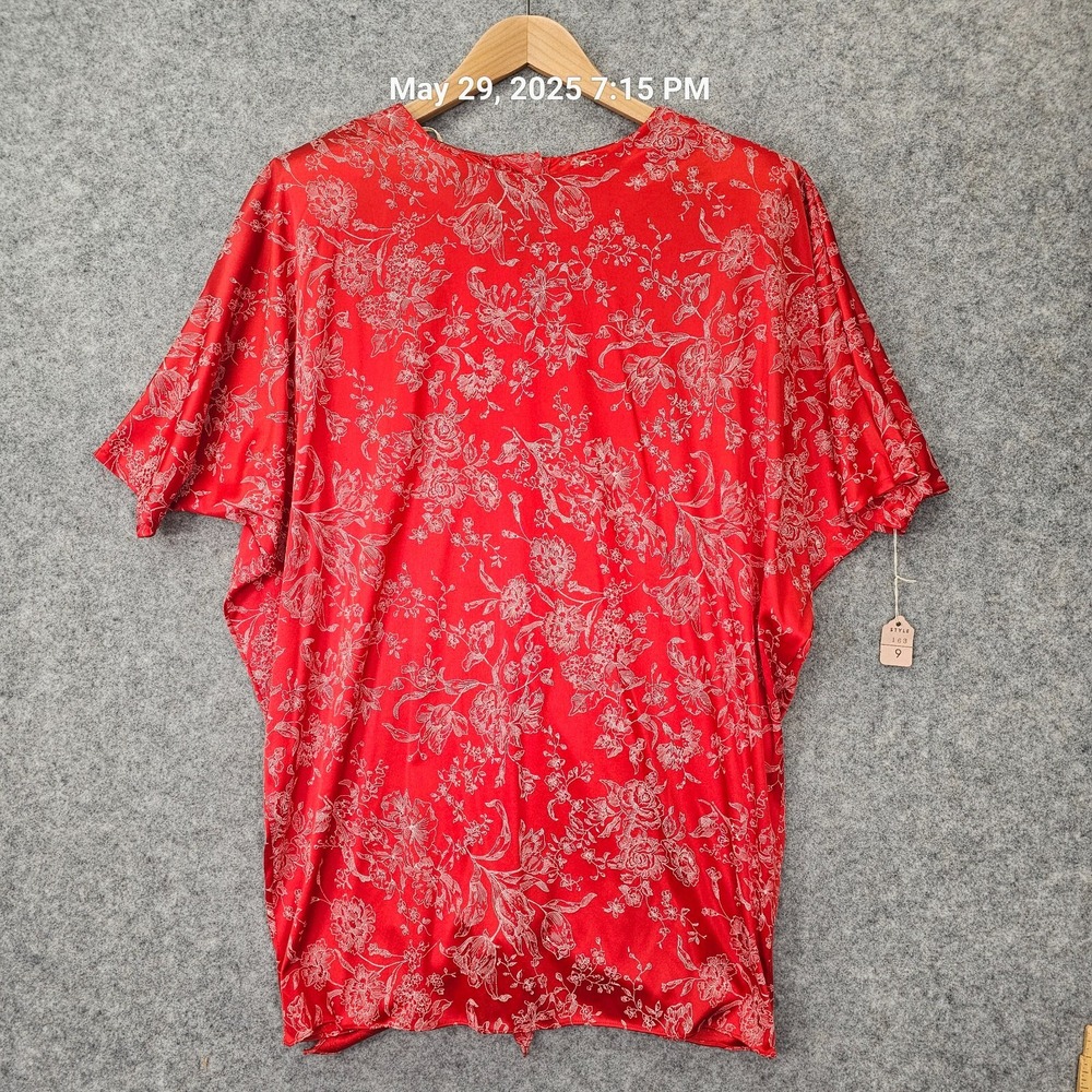 Vintage 80s Dress Women M Red Floral Satin Button Back Boho Resort Loose JMI USA